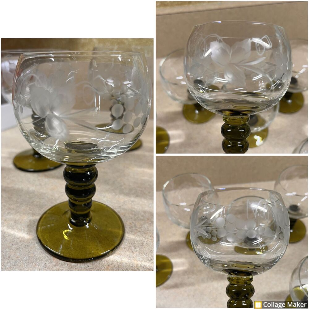 Vtg German Roemer Wine Glasses Etched Green Beehive Stem Grape MCM Set of 8